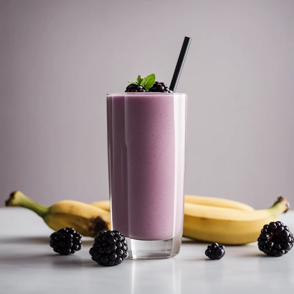 Tall glass of blackberry banana smoothie with a black straw, garnished with blackberries on top, alongside bananas and blackberries on the table