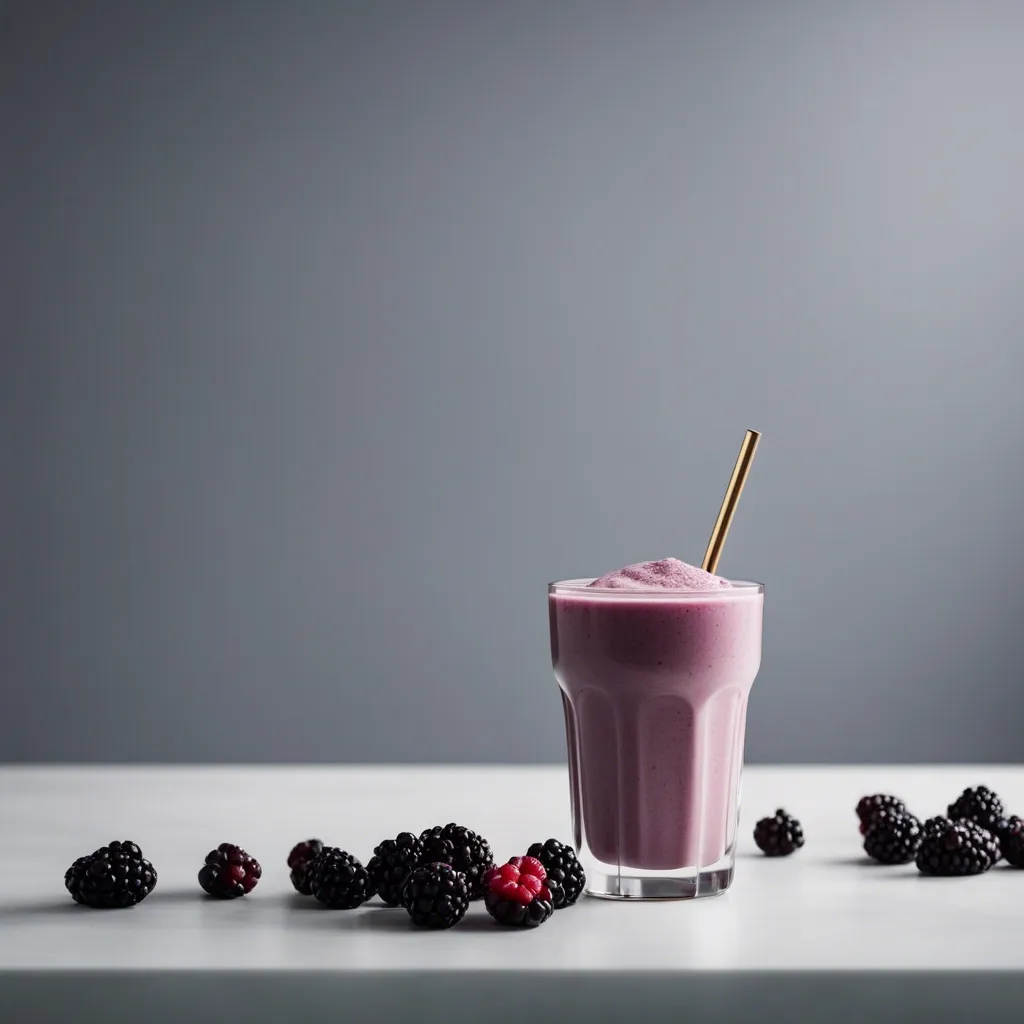 A glass of frothy blackberry banana smoothie with a gold straw, surrounded by scattered blackberries on a white tabletop