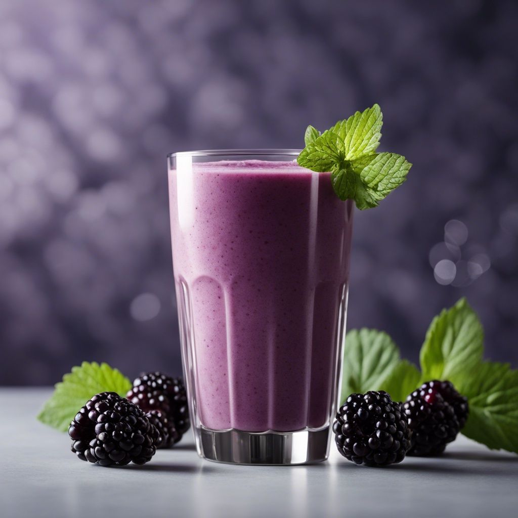 A delicious glass of blackberry smoothie garnished with a minth leaf and surrounded by fresh blackberries.