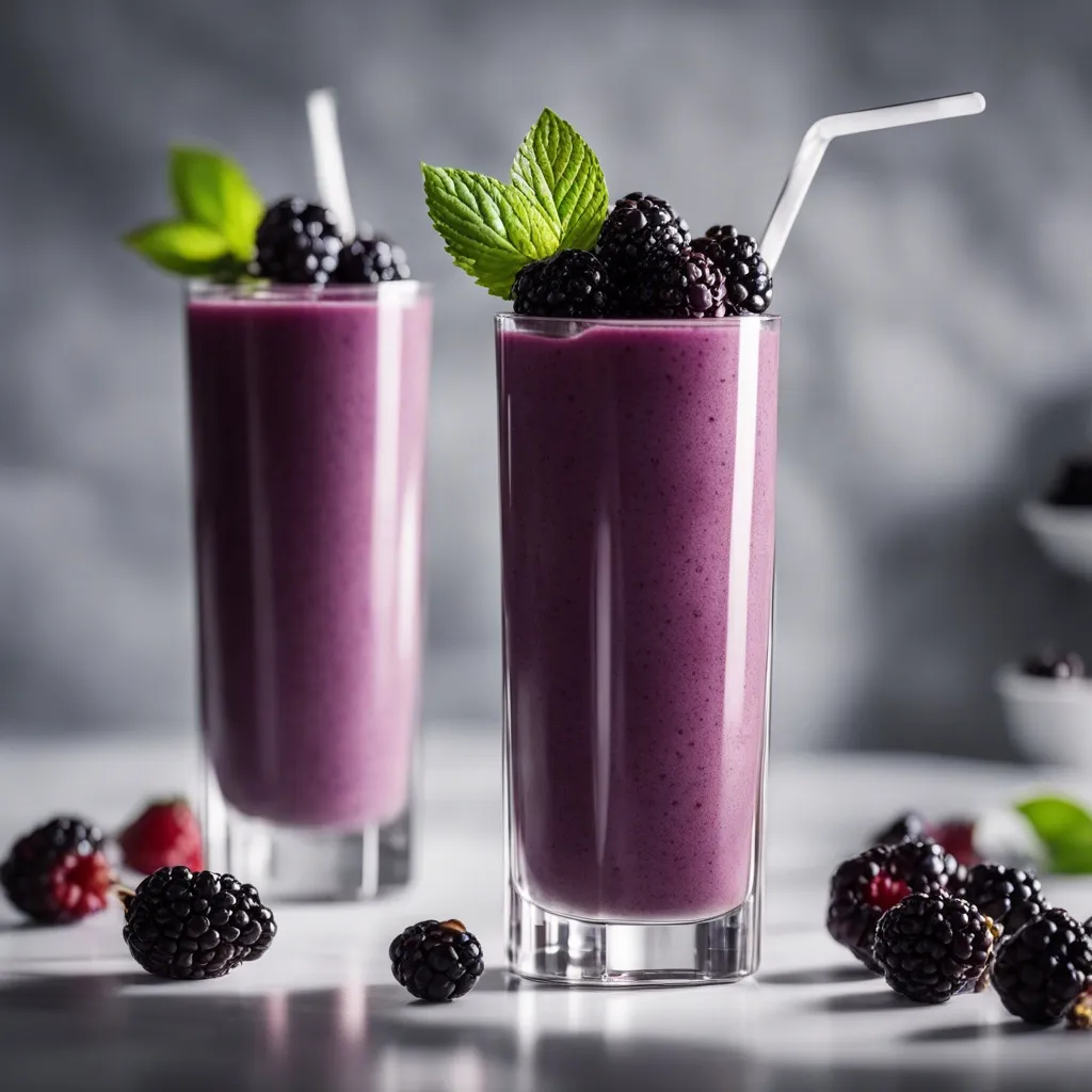 Two tall glasses of blackberry smoothies garnished with fresh blackberries and two clear straws and surrounded by berries.