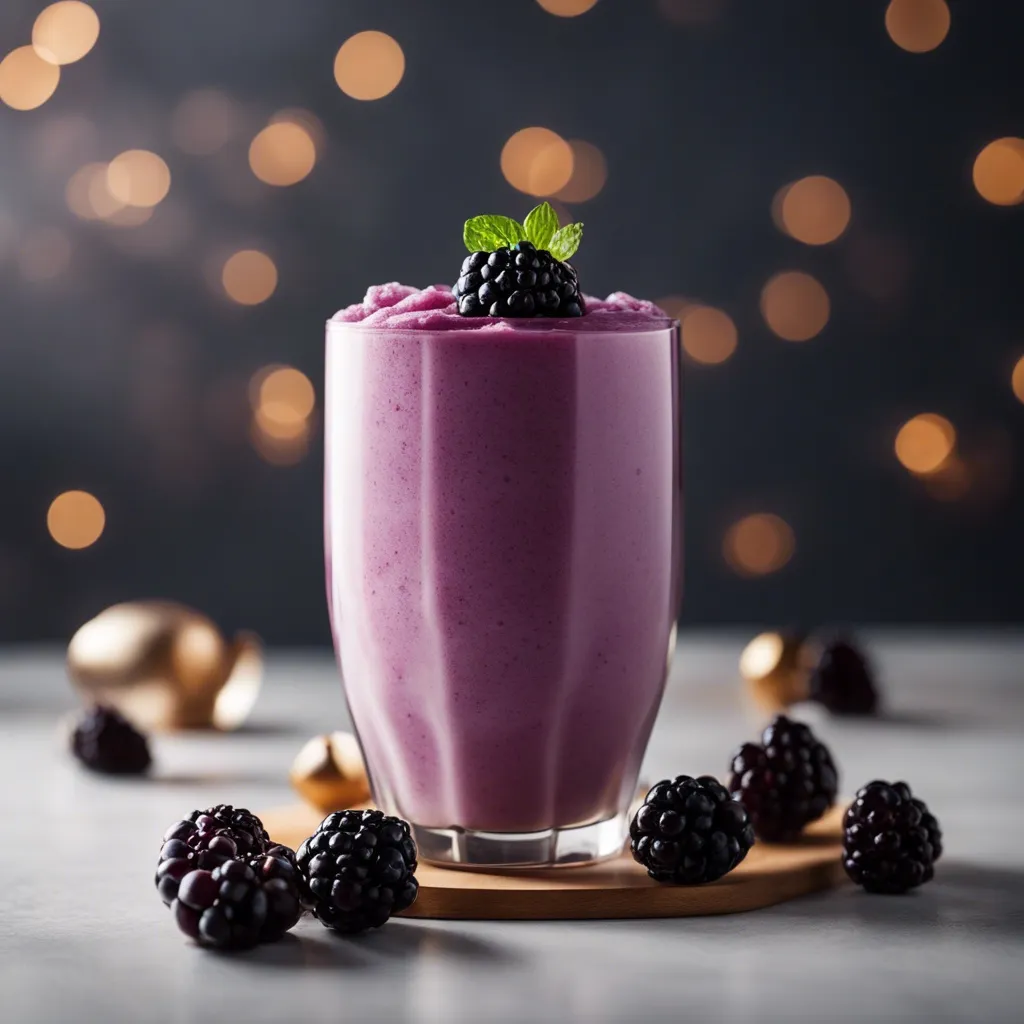 A glass of blackberry smoothies garnished with a single fresh blackberry and surrounded by other fresh berries.