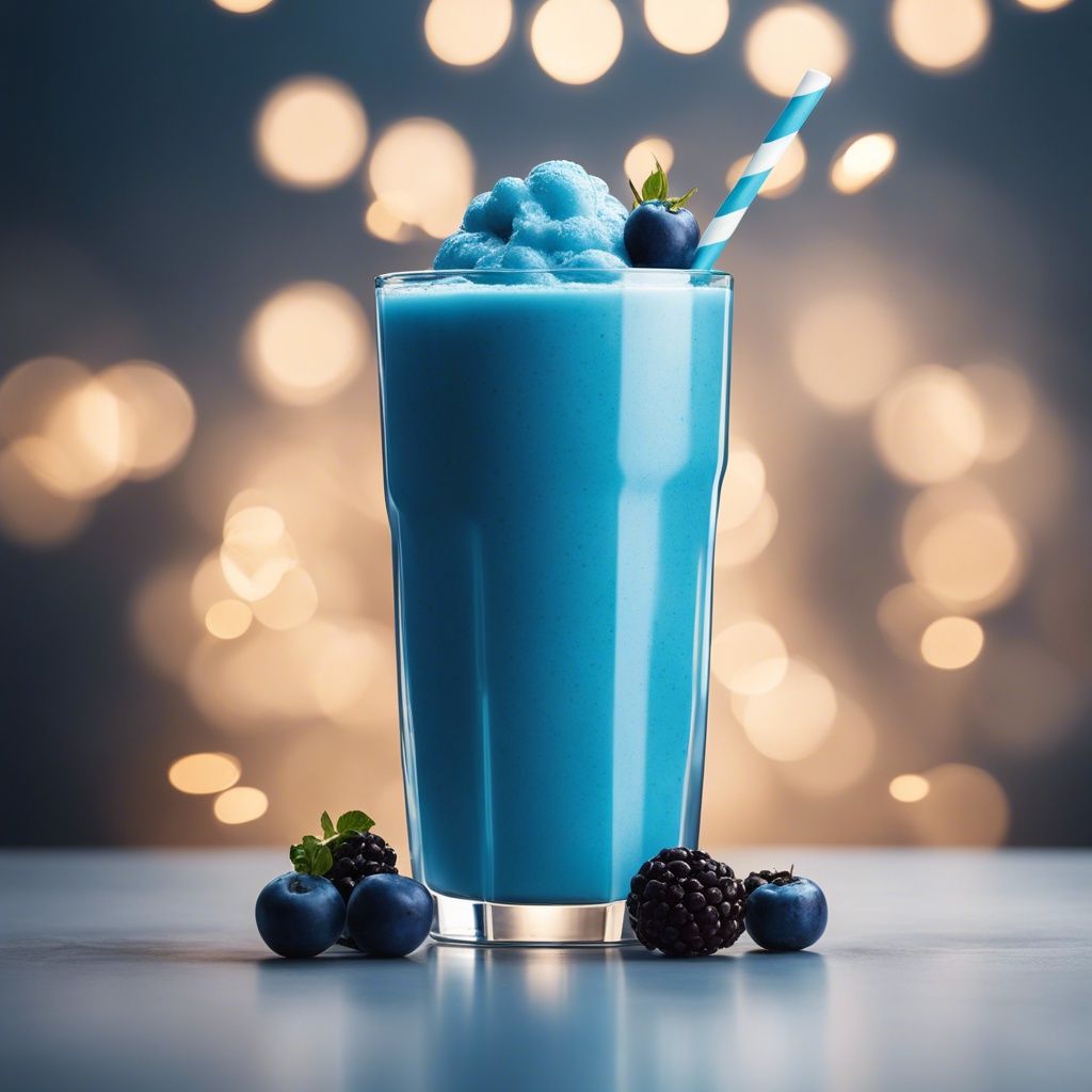 Vibrant blue smoothie topped with blueberries and a sprig of mint, with a blue striped straw, against a backdrop of bokeh lights
