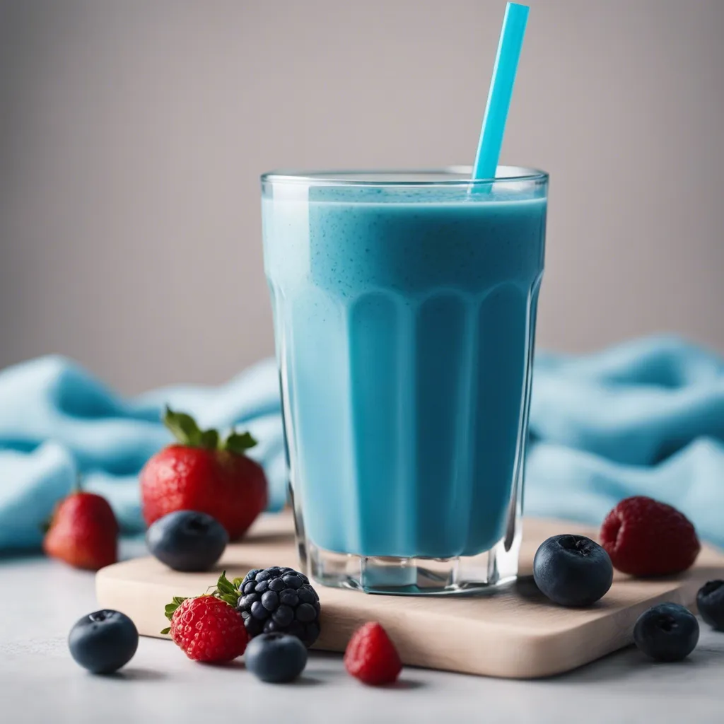 Smooth blue smoothie in a glass on a wooden board, surrounded by scattered berries and a blue cloth