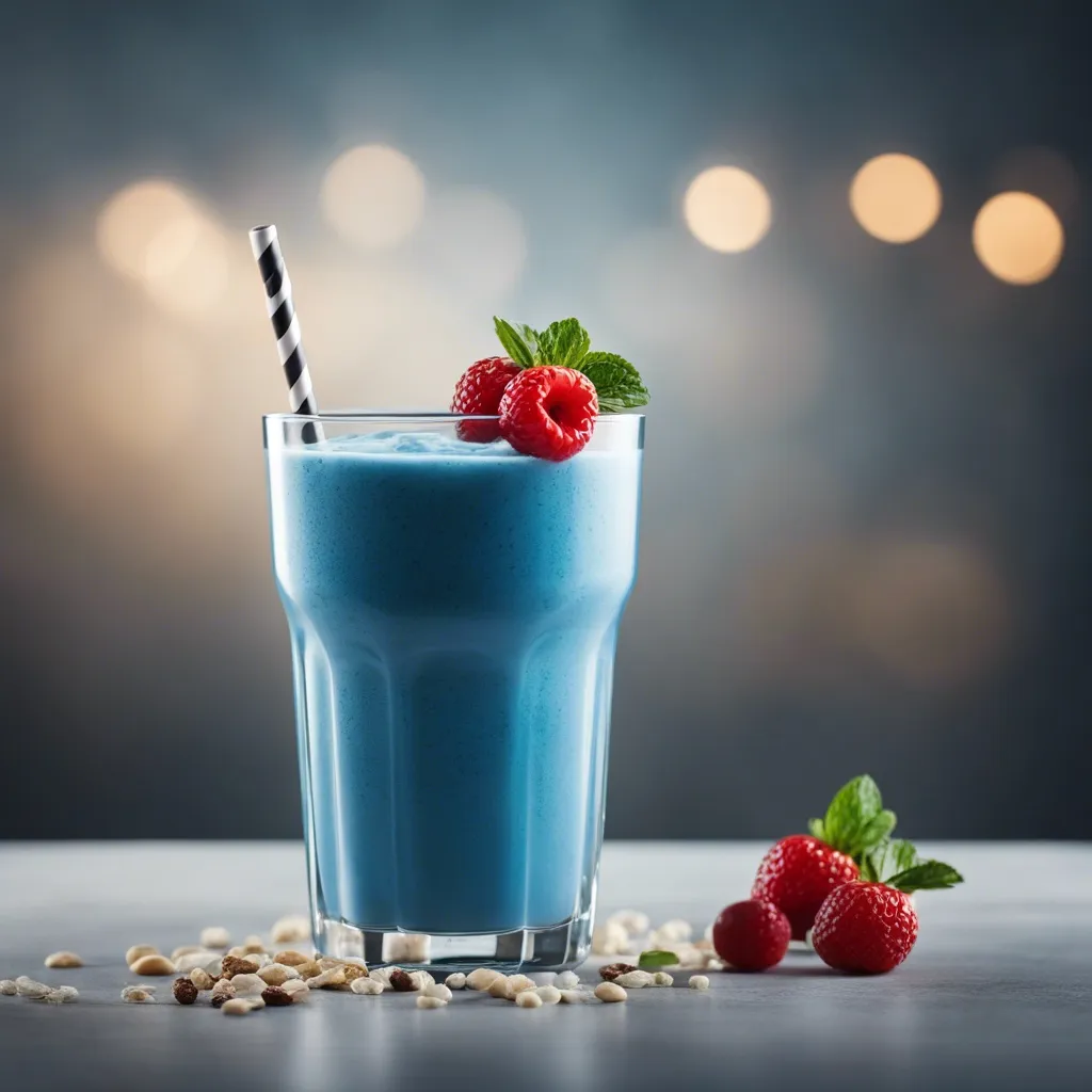 Bright blue smoothie in a glass with a raspberry and mint garnish, accompanied by a black and white straw, and scattered nuts and berries around the base