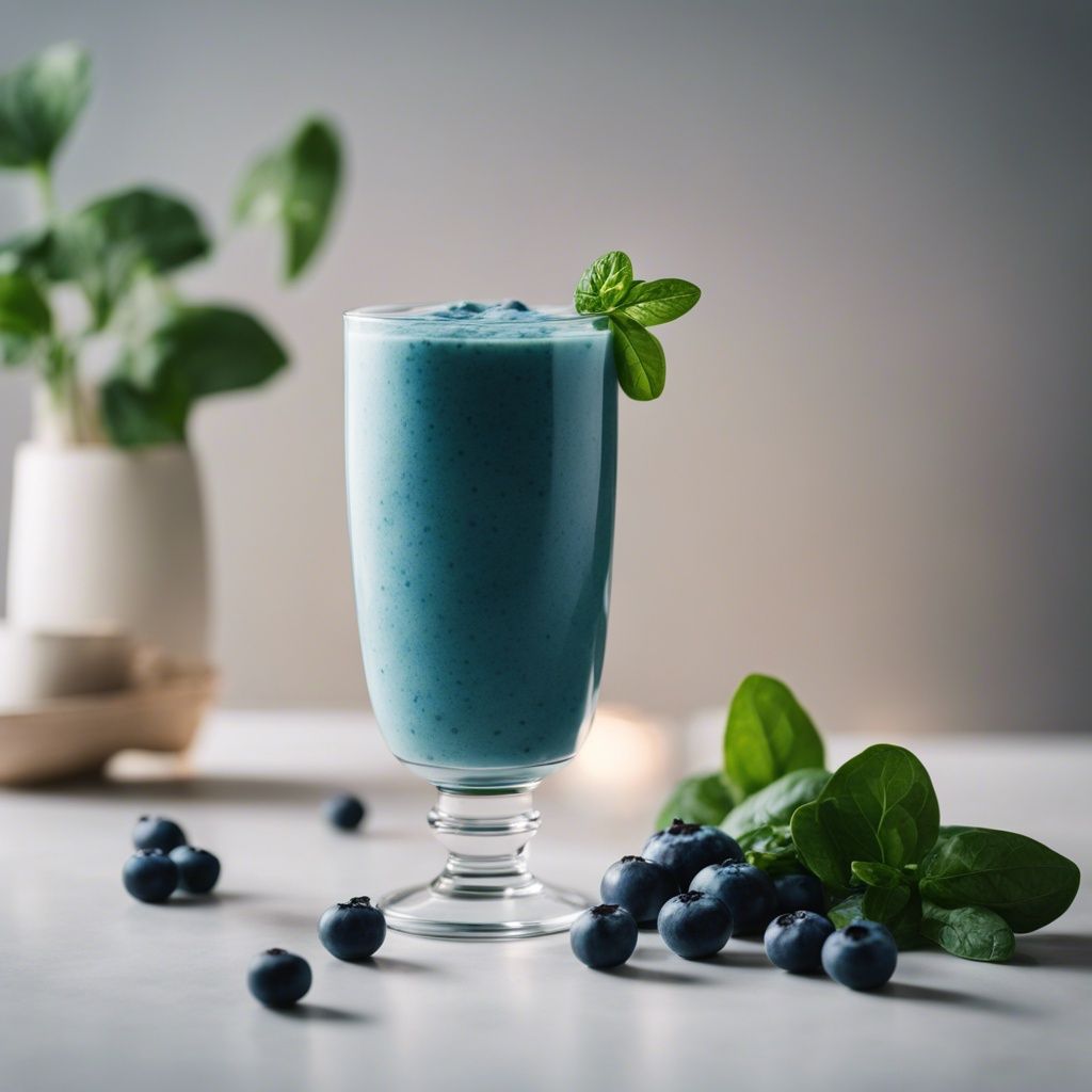 A vibrant glass of Blue Smoothie on a kitchen counter, garnished with mint, and surrounded by fresh blueberries and spinach leaves.