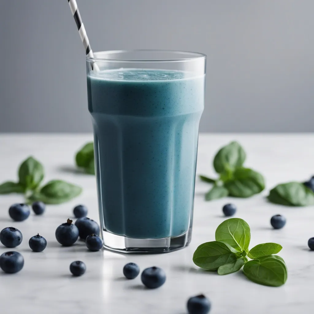 A glass of Blue Smoothie on a kitchen counter with a black and white straw in the glass and surrounded by blueberries and spinach leaves.