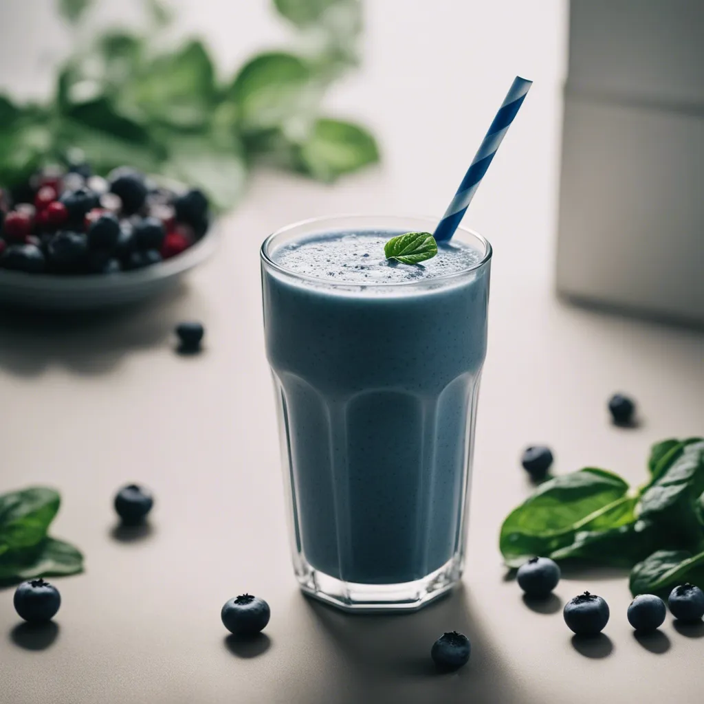 A glass of Blue Smoothie on a kitchen counter with a blue and white straw in the glass and garnished with a small spinach leaf. There are fresh berries and spinach leaves surrounding the smoothie and a bowl of berries in the background.