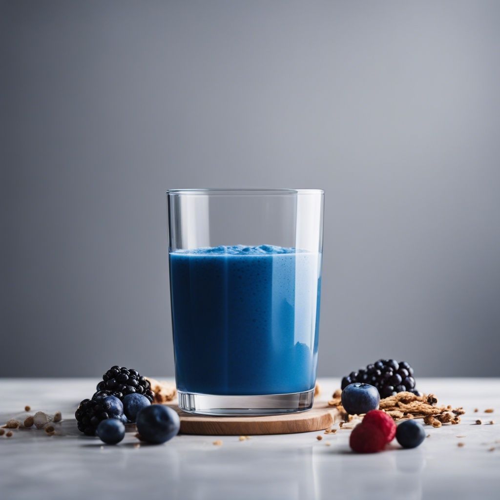 A clear glass of blue spirulina smoothie on a wooden coaster surrounded by scattered grains and a mix of blackberries, blueberries, and a single raspberry on a grey surface.