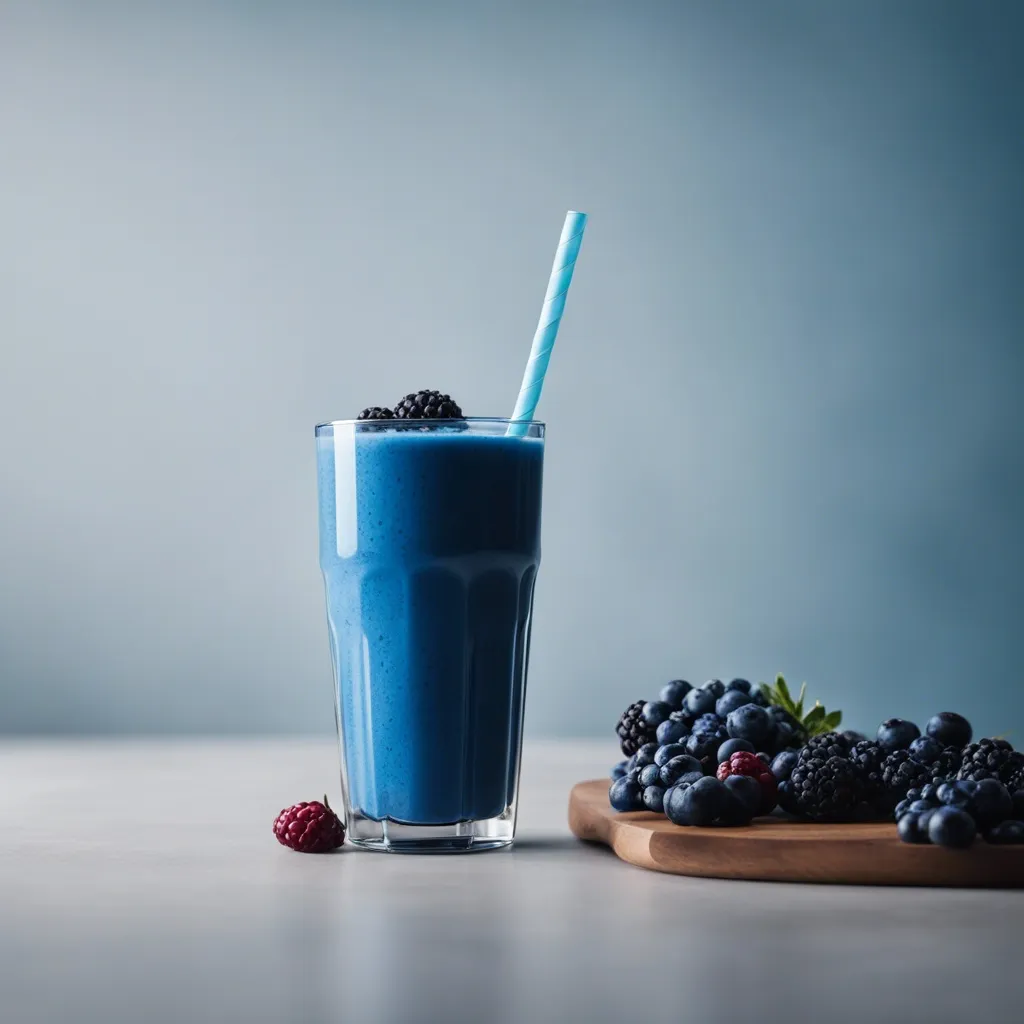 A glass of blue spirulina smoothie with a straw, placed on a wooden coaster and garnished with blackberries, blueberries, and a raspberry on a grey surface.