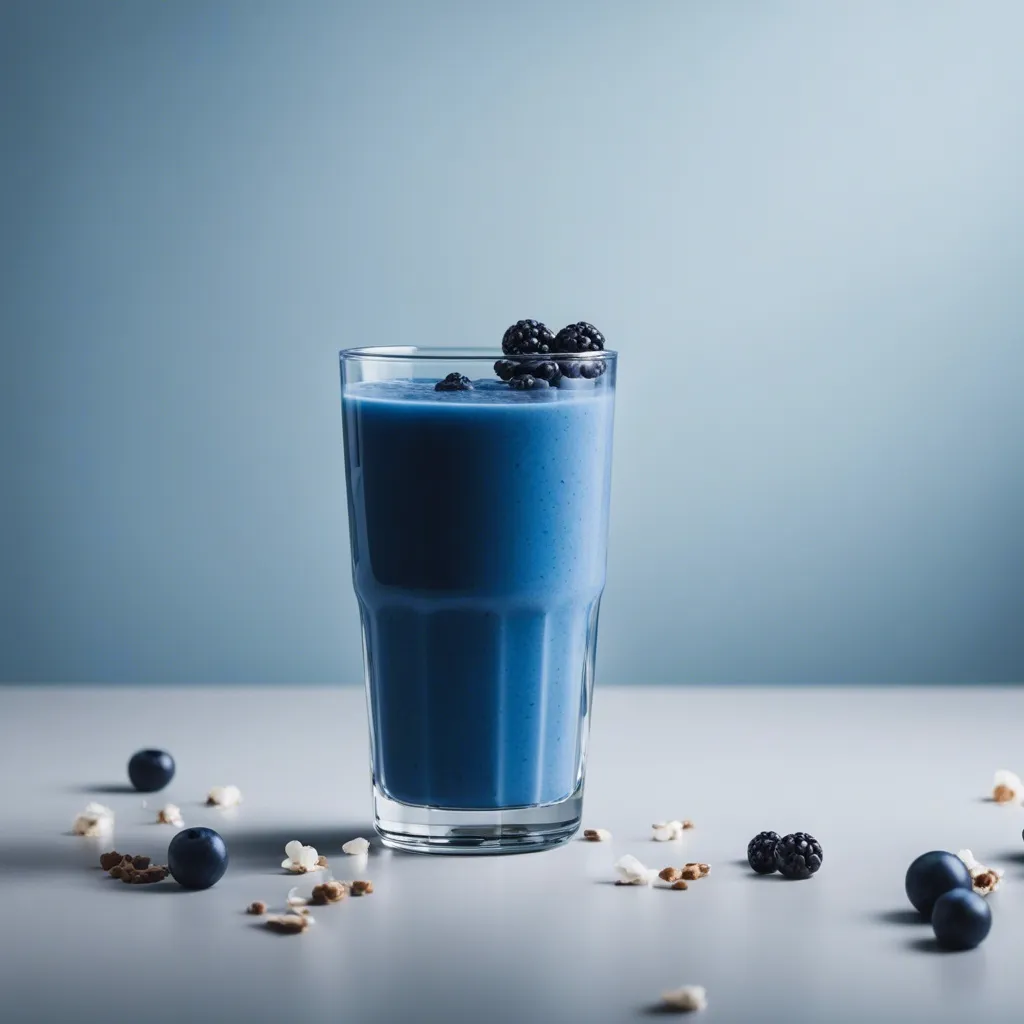 A clear glass full of blue spirulina smoothie topped with blackberries on a grey surface with scattered grains and blueberries around.