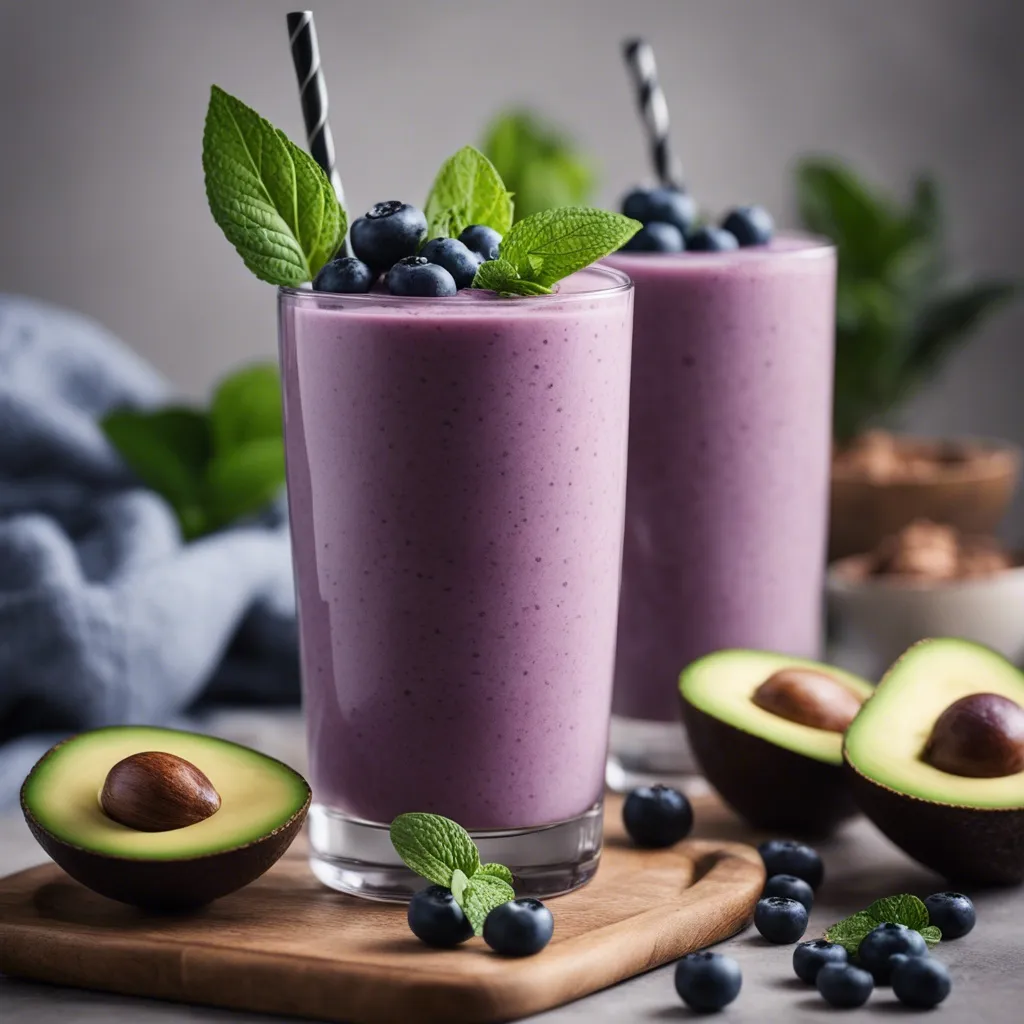 Two tall glasses of blueberry avocado smoothie topped with mint leaves and fresh blueberries with halves of avocados and fresh blueberries surrounding the glasses.