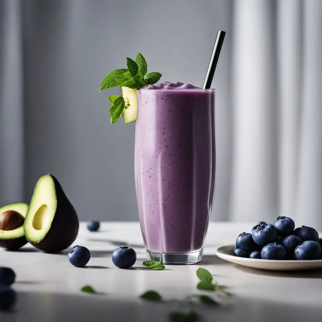 A tall glass of blueberry avocado smoothie topped with mint leaves and garnished with a slice of avocado and surrounded by fresh fruits.