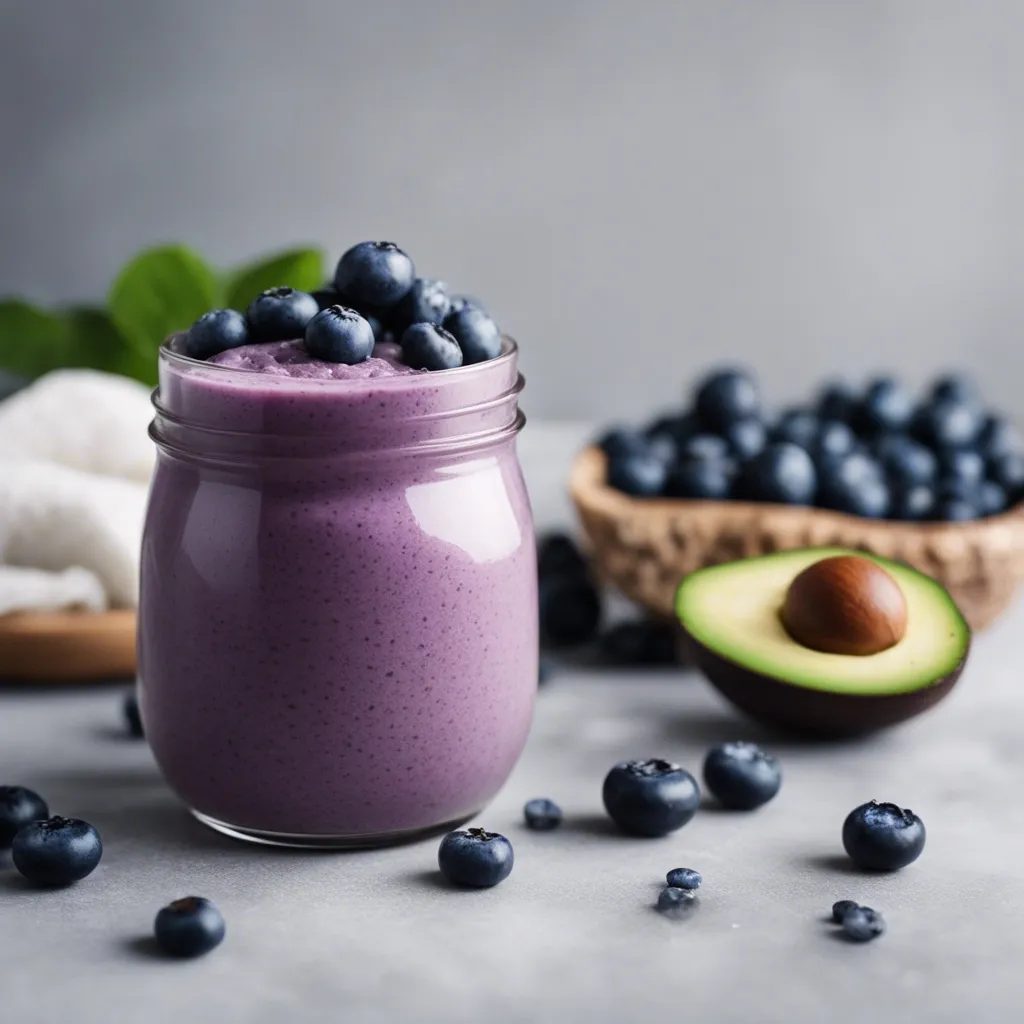 A jar-like glass of blueberry avocado smoothie topped with beautiful fresh blueberries and more berries in tha background.