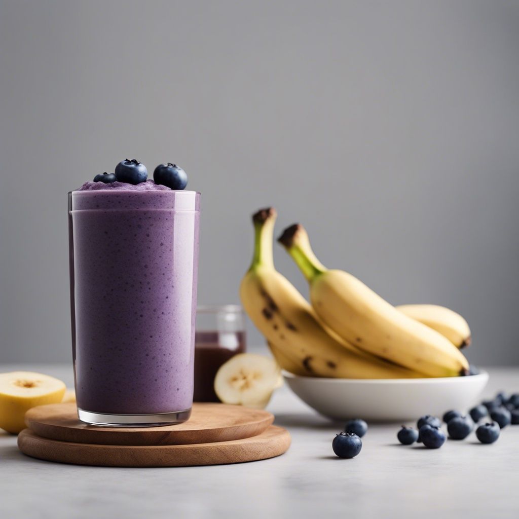 A luscious blueberry banana peanut butter smoothie in a clear glass, topped with whole blueberries, next to a bunch of bananas and scattered blueberries on a wooden surface.