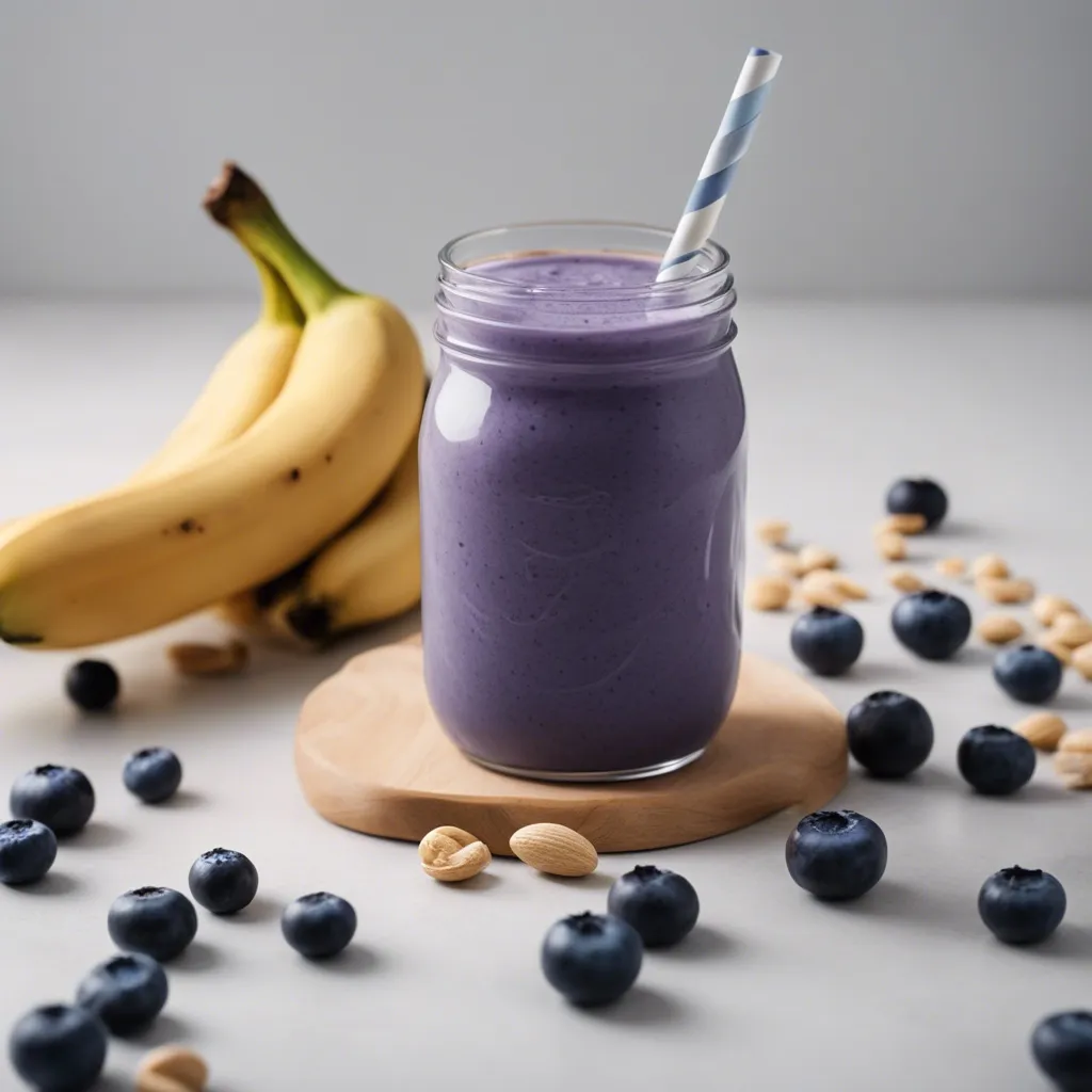 A rich and creamy blueberry banana peanut butter smoothie in a mason jar with a blue striped straw, placed on a wooden coaster surrounded by blueberries and almonds, with a bunch of bananas in the background.