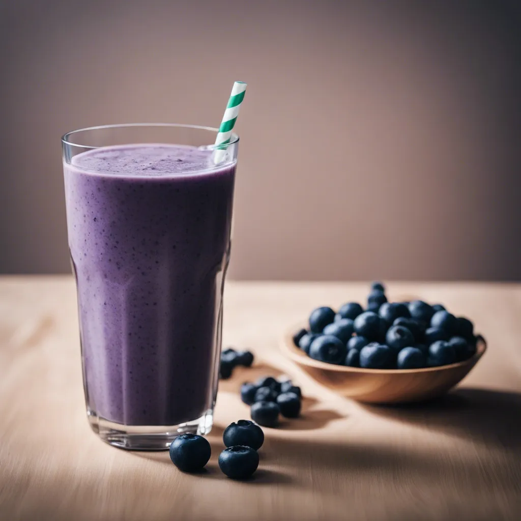 A thick blueberry banana peanut butter smoothie in a tall glass with a green striped straw, against a warm wooden background with a bowl of blueberries, evoking a cozy and nutritious feeling.