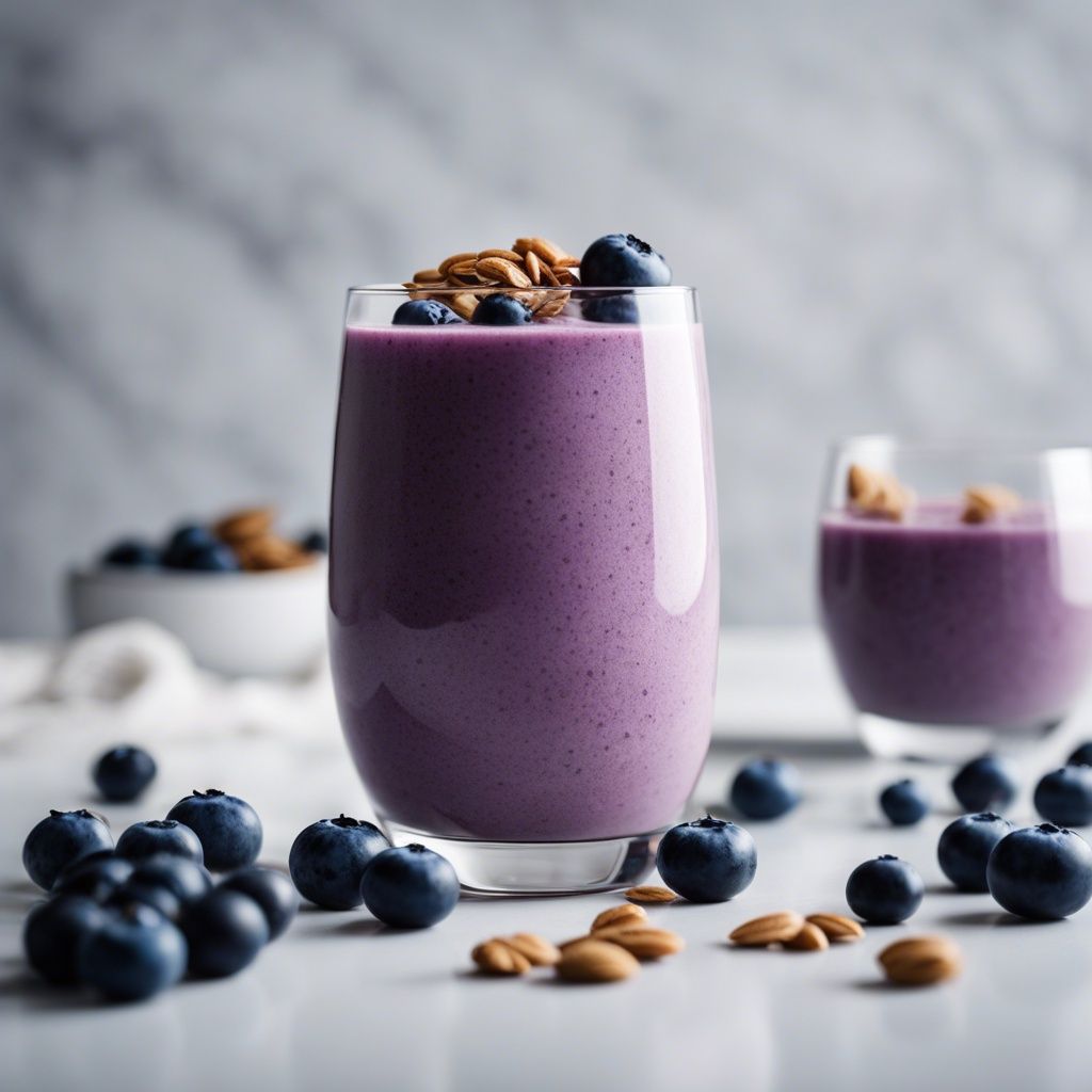 A creamy blueberry oat smoothie in a clear glass garnished with whole blueberries and almond flakes, with extra blueberries and almonds scattered around on a marble surface.