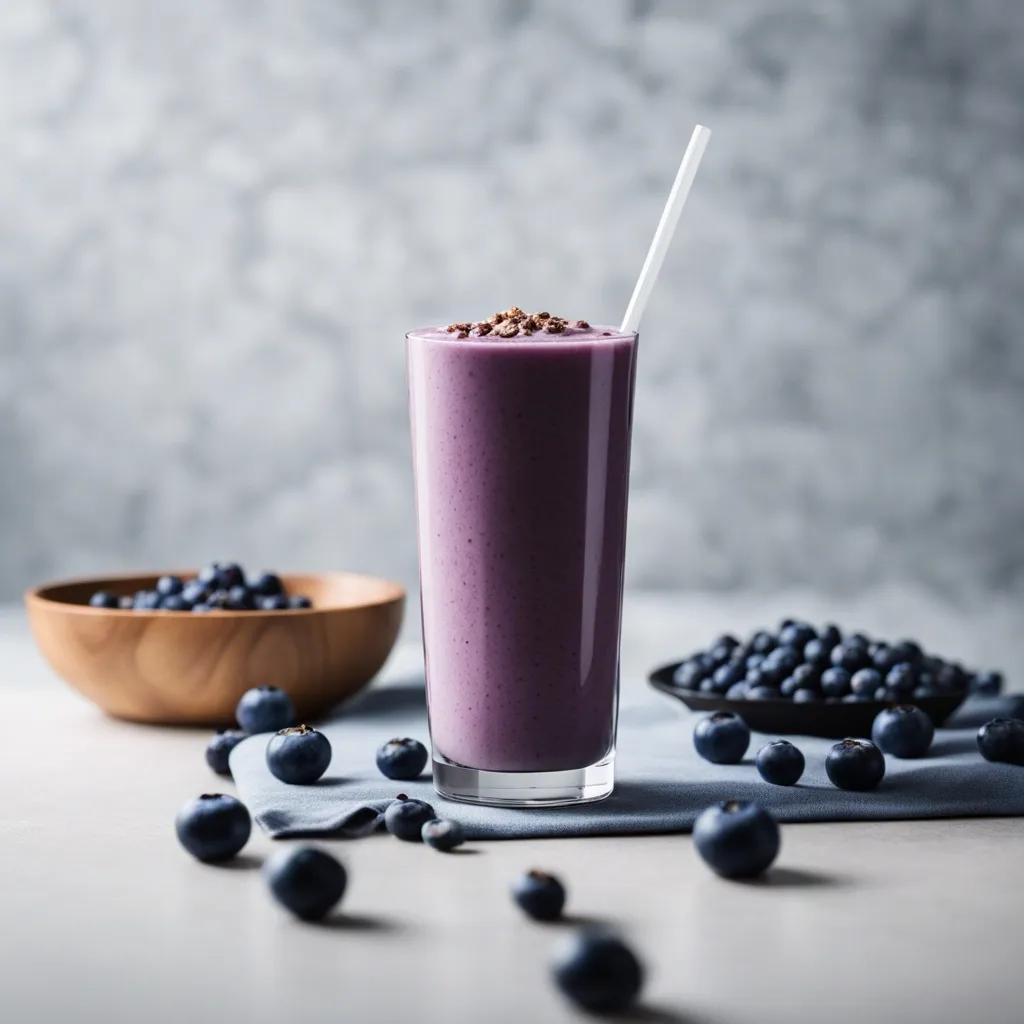 A tall glass of blueberry oatmeal smoothie with a white straw, topped with granola, next to a wooden bowl of blueberries on a grey cloth.