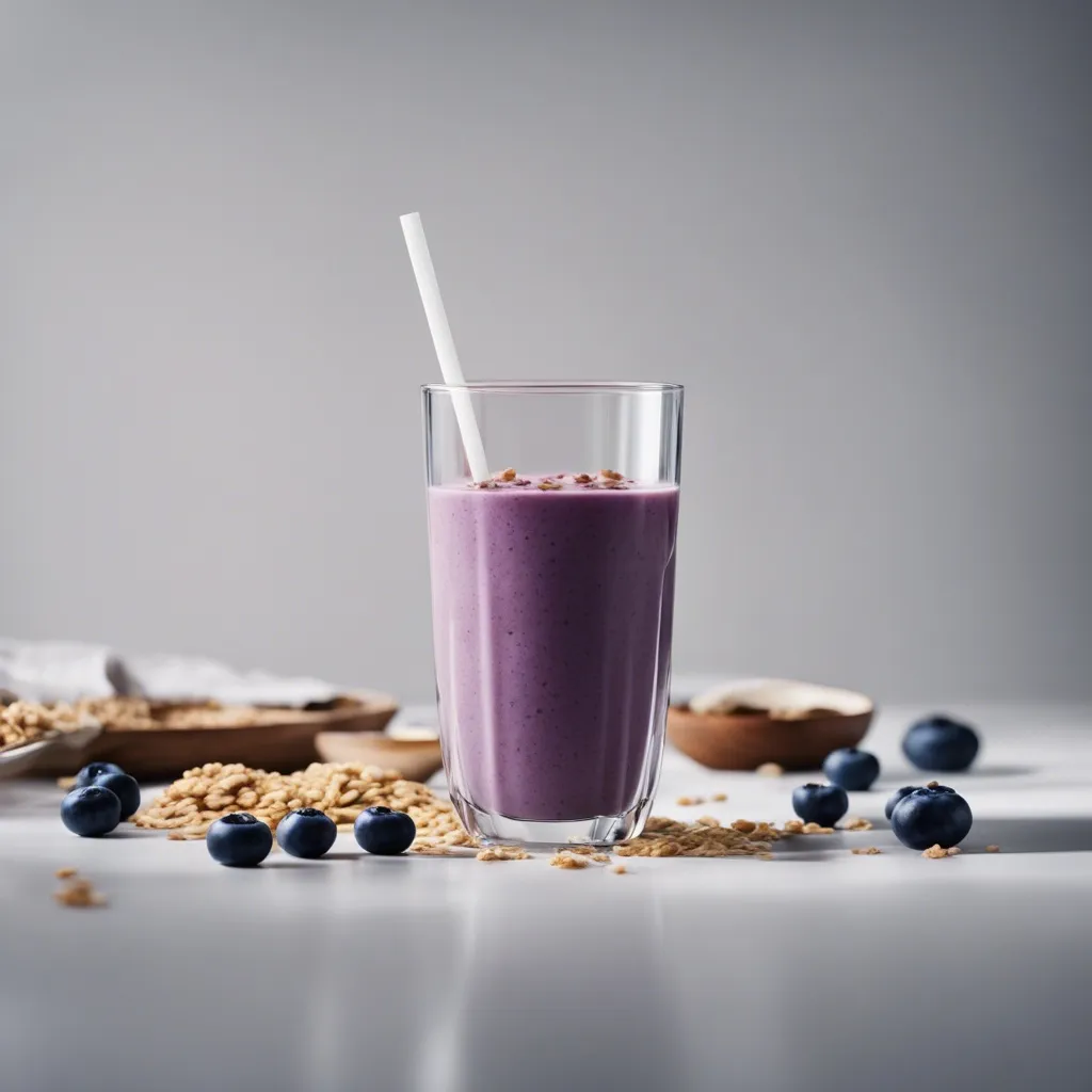 A clear glass of blueberry oatmeal smoothie with a white straw, sprinkled with granola on top, accompanied by blueberries and granola on a white surface.