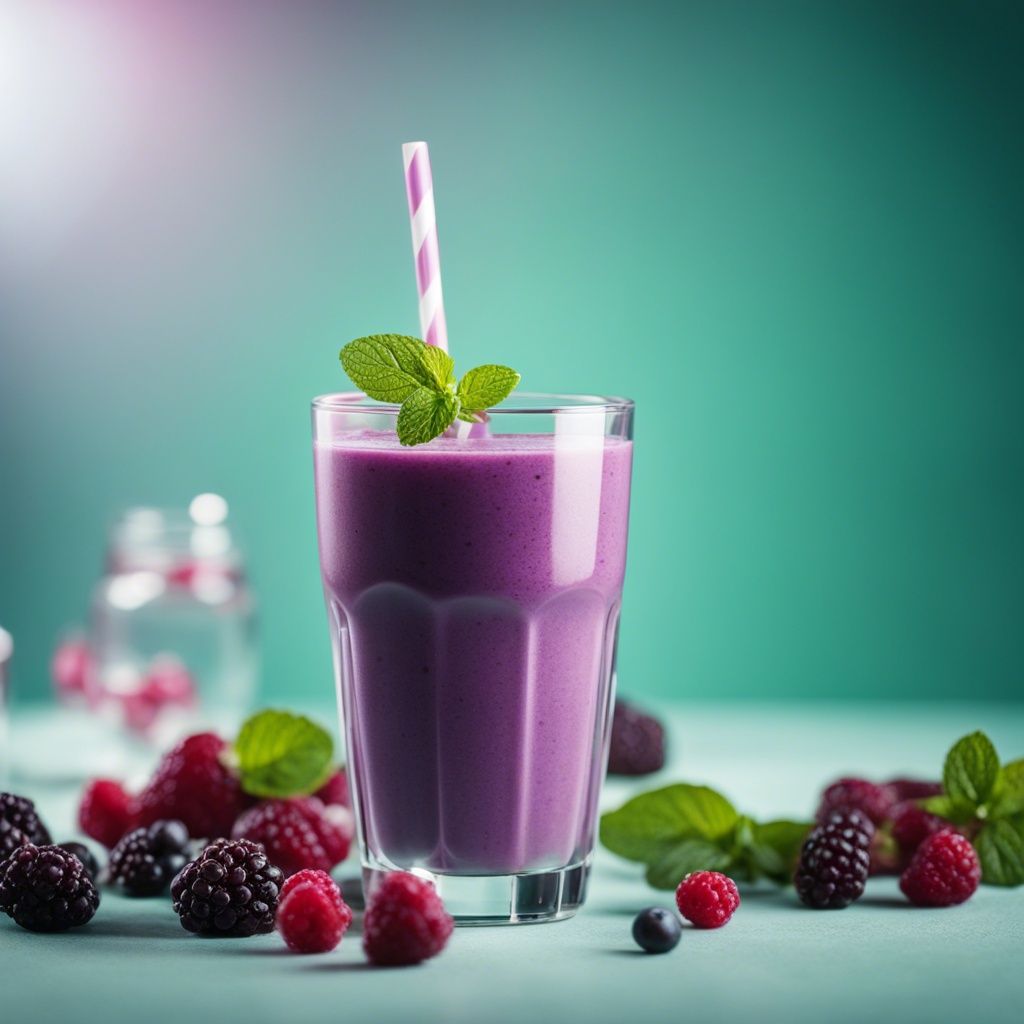 A vibrant blueberry peach smoothie in a tall glass, garnished with mint.