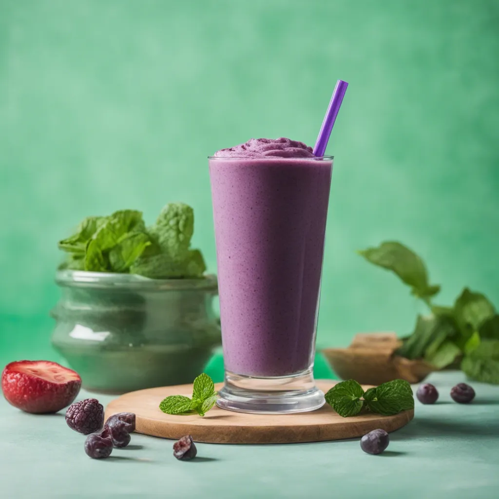 A close-up of a freshly prepared blueberry peach smoothie in a tall glass with a straw.