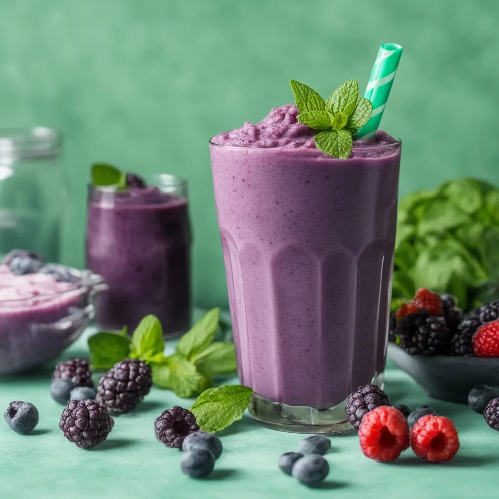 A blueberry peach smoothie with an assortment of berries and mint around it.