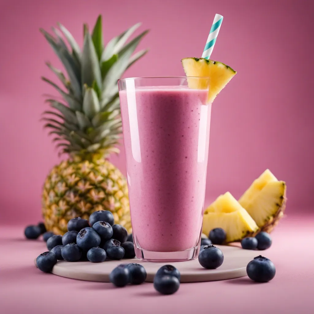 A tall glass of blueberry pineapple smoothie with a pineapple slice garnish