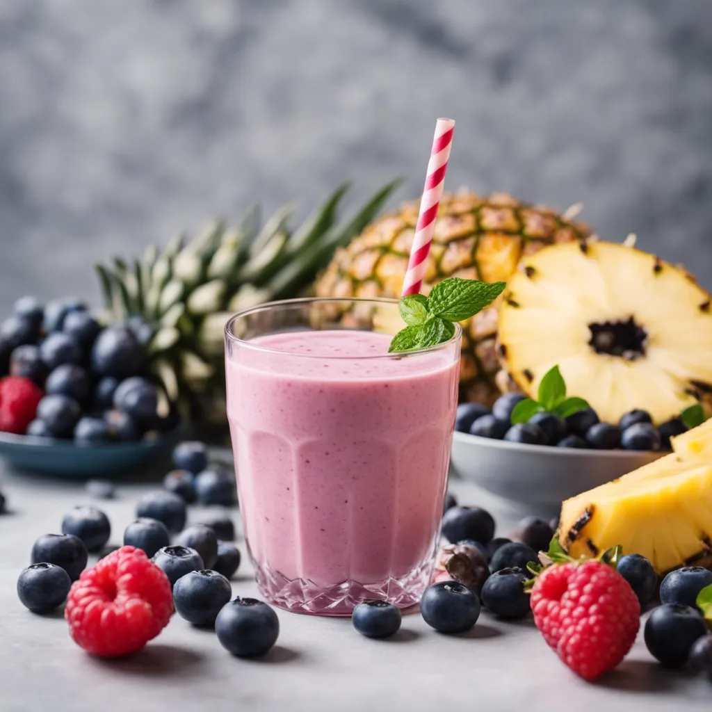 A small glass of blueberry and pineapple smoothie with a red straw and an assortment of berries