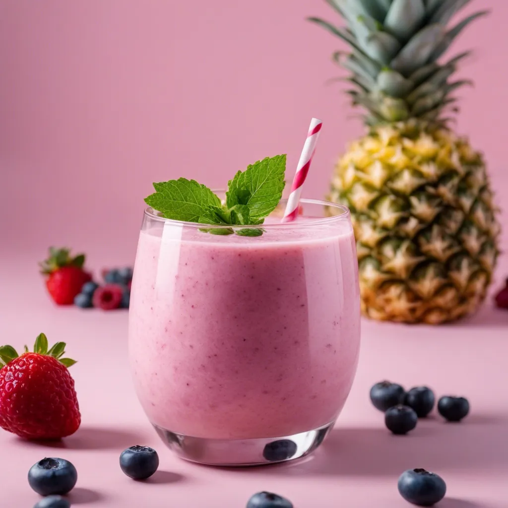 A small glass of blueberry and pineapple smoothie with a red straw and mint as garnish