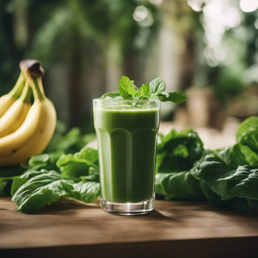 a green smoothie garnished with a banana and cabbage leaves surrounding the glass