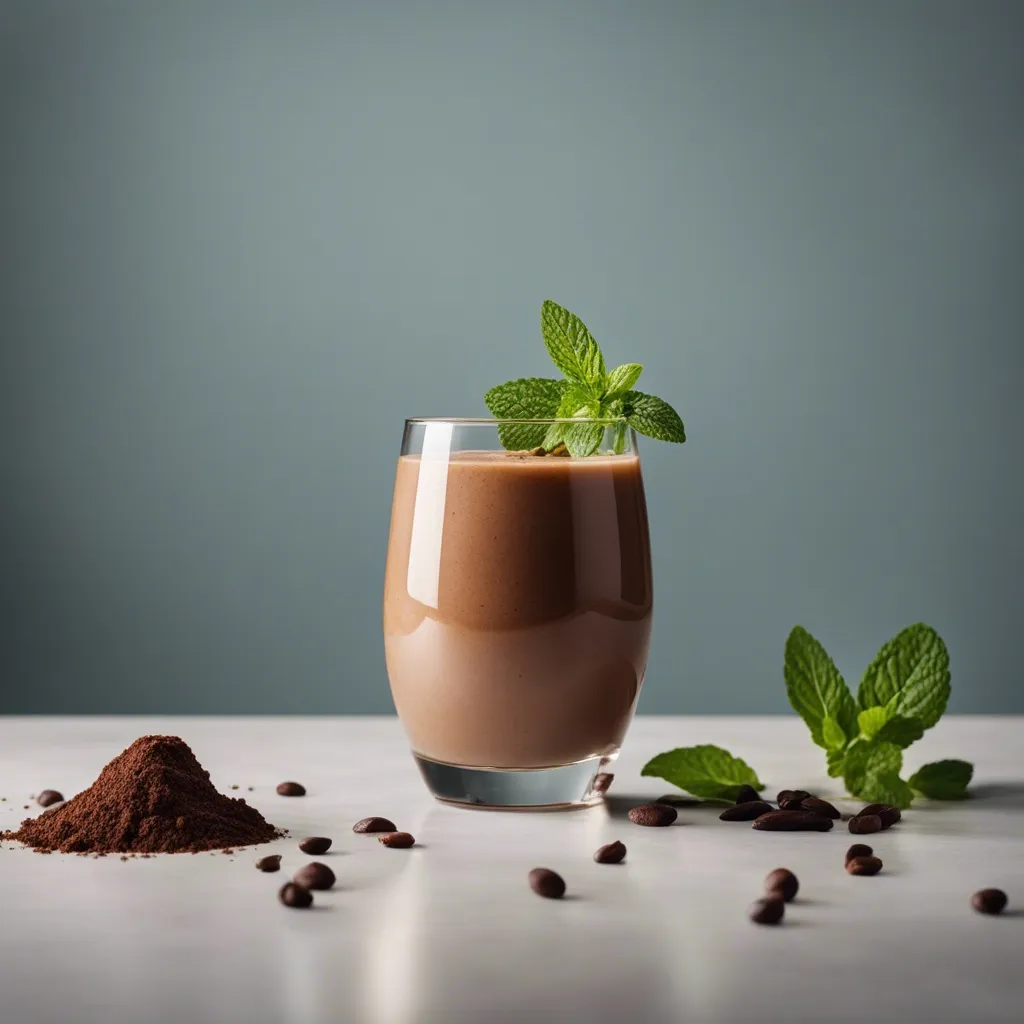 A creamy cacao smoothie in a transparent glass, garnished with a fresh mint leaf. The glass is set on a light surface with a neutral background. Scattered around are cocoa powder, coffee beans, and additional mint leaves.