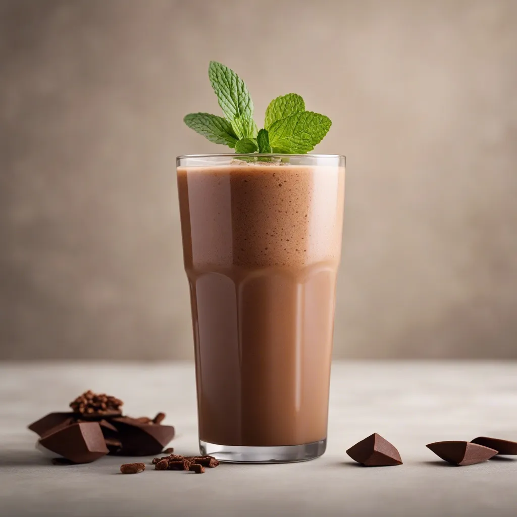 A rich and frothy cacao smoothie topped with whipped cream and chocolate shavings. It is served in a tall, clear glass garnished with mint leaves, with a jug of smoothie and a plate with chocolate pieces in the background on a grey surface.