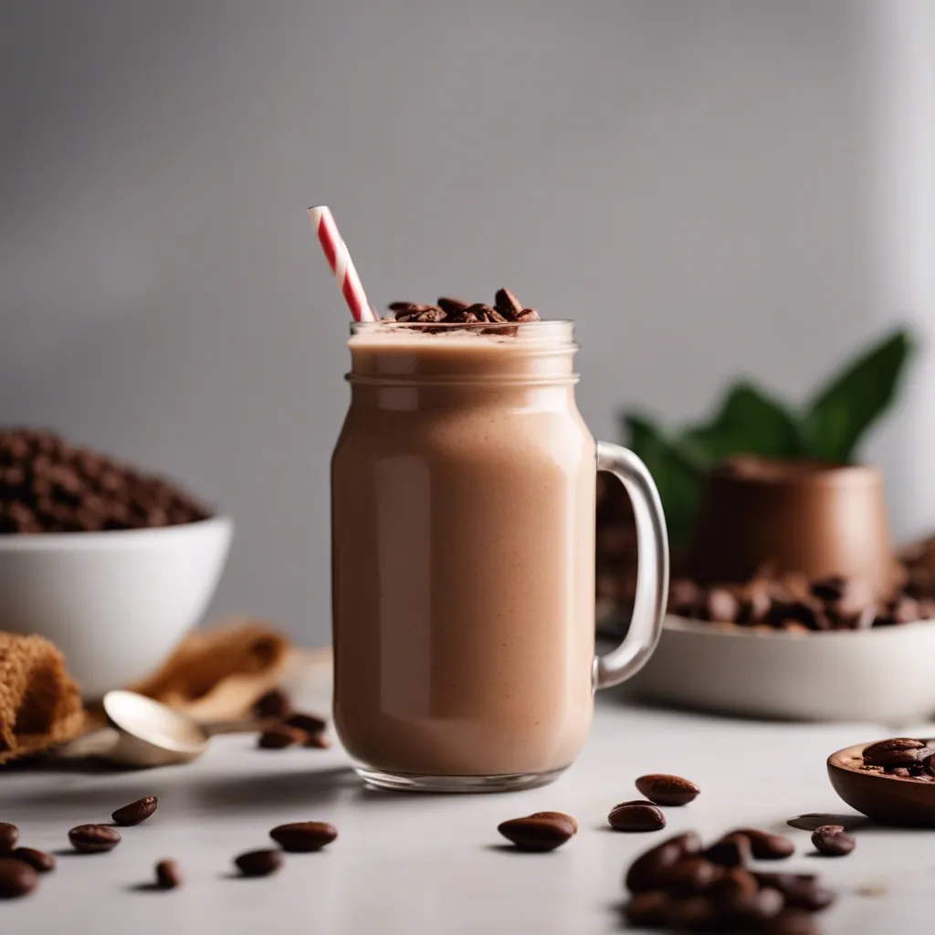 a tall glass filled with a velvety cacao smoothie, topped with a sprig of mint. The glass rests on a textured surface, accompanied by chunks of chocolate and coffee beans, against a softly lit, warm background.