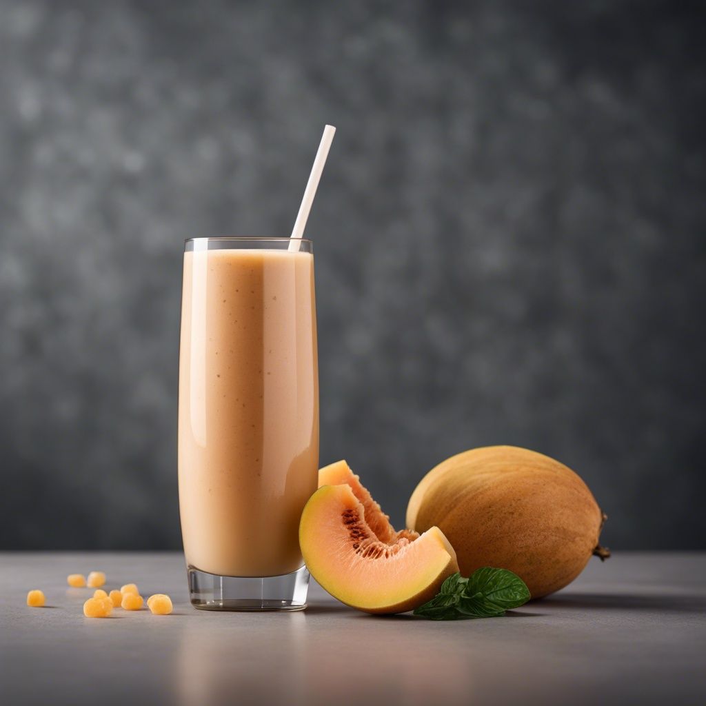 A refreshing cantaloupe smoothie served in a tall glass with a slice of cantaloupe
