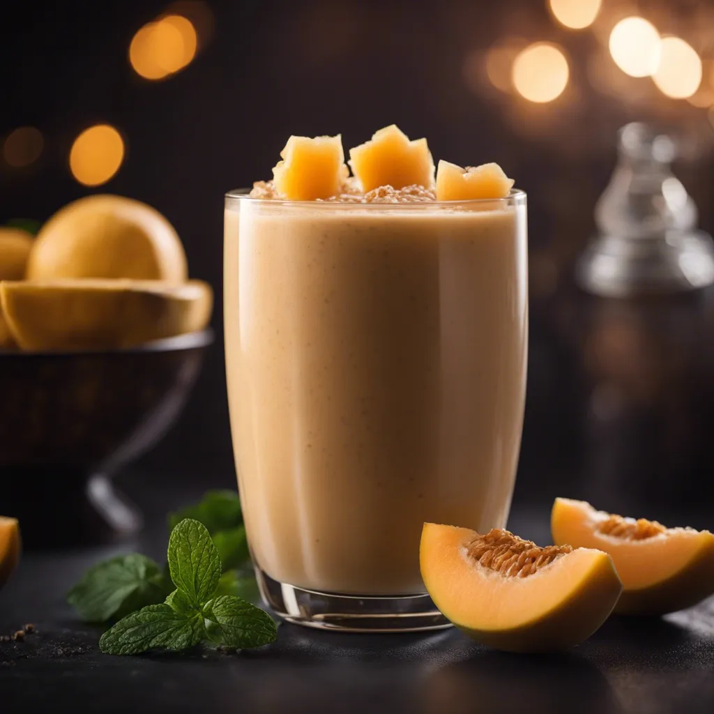 A short glass cantaloupe smoothie garnished with cubes of cantaloupe and surrounded by small slices of fresh cantaloupe and fresh mint leaves.