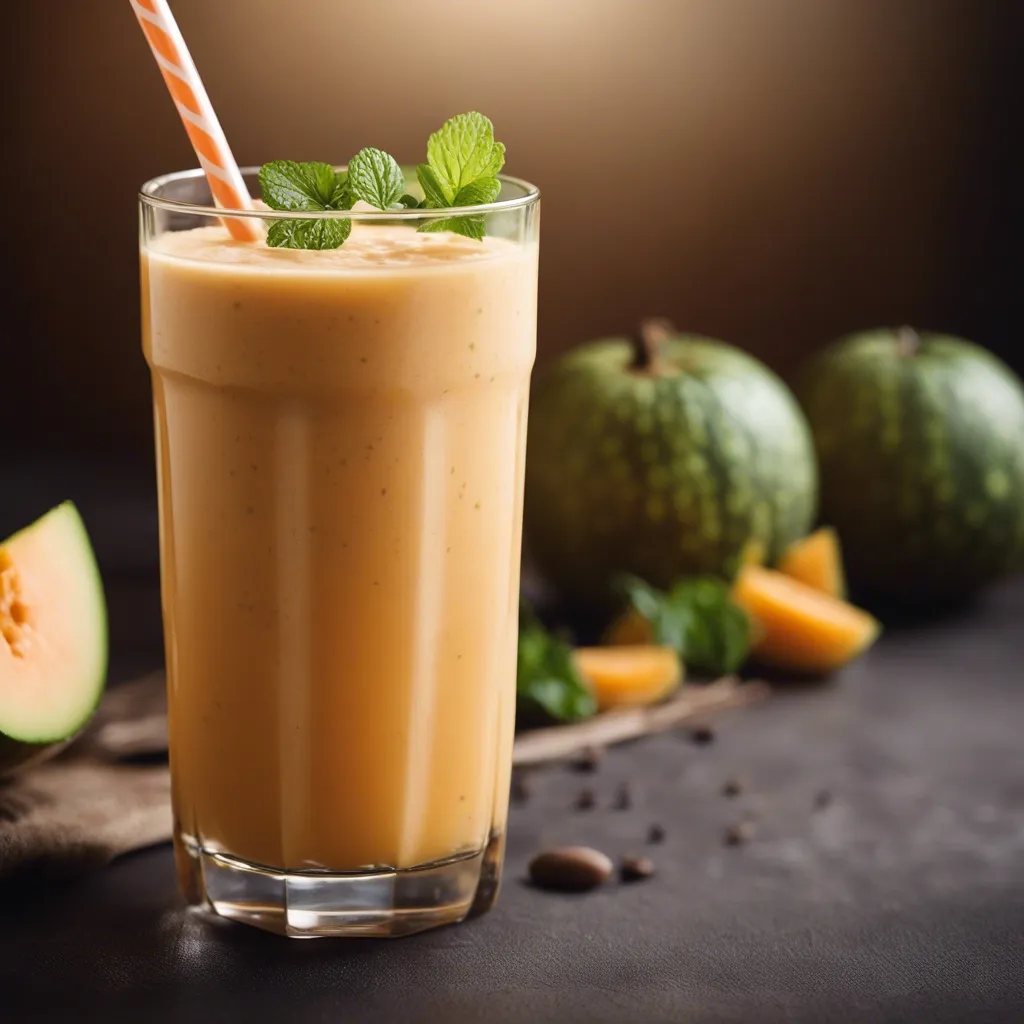 A refreshing cantaloupe smoothie with an orange and white straw garnished with mint.