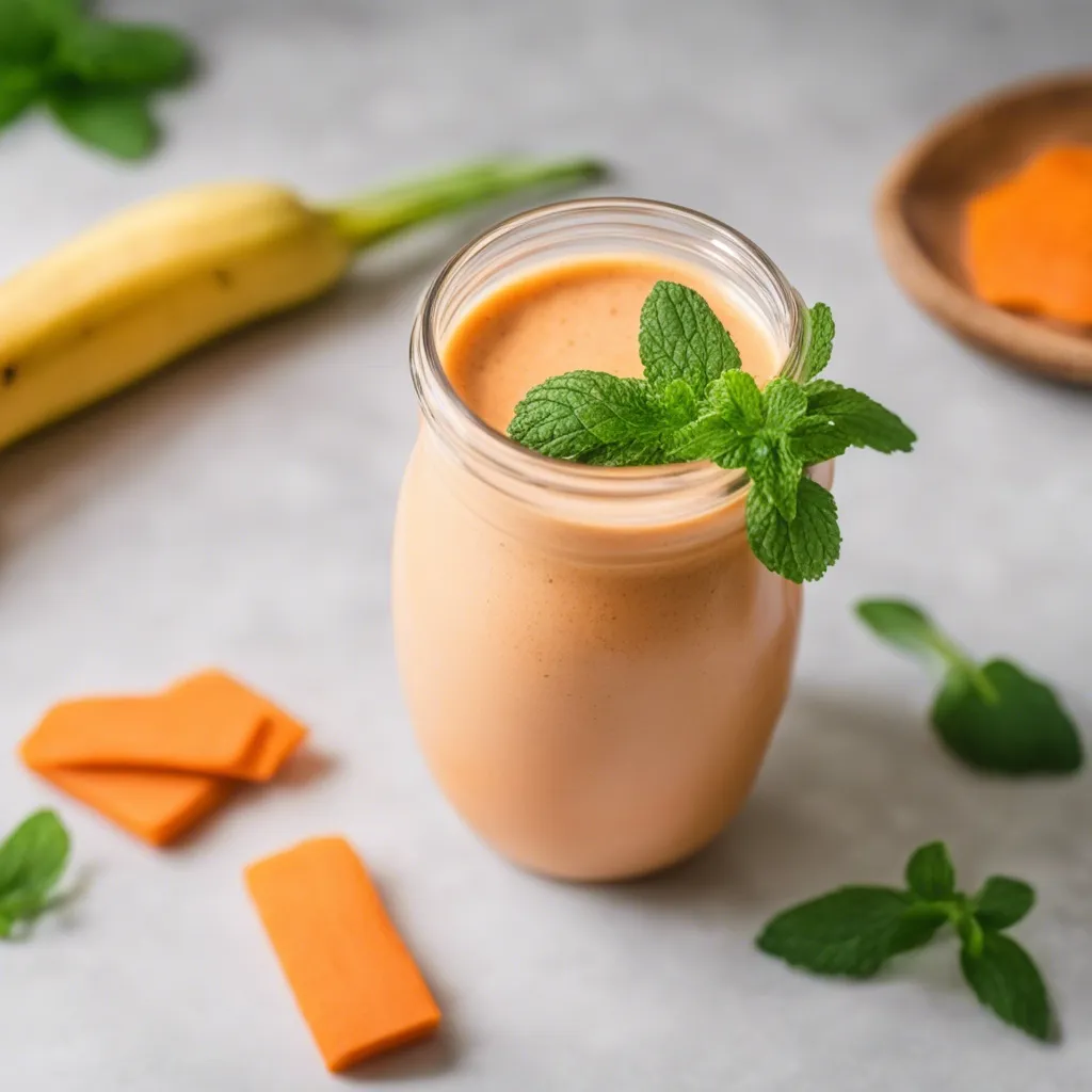 Carrot Banana Smoothie in a glass with a biodegradable straw, garnished with fresh mint, with carrots and bananas in the background