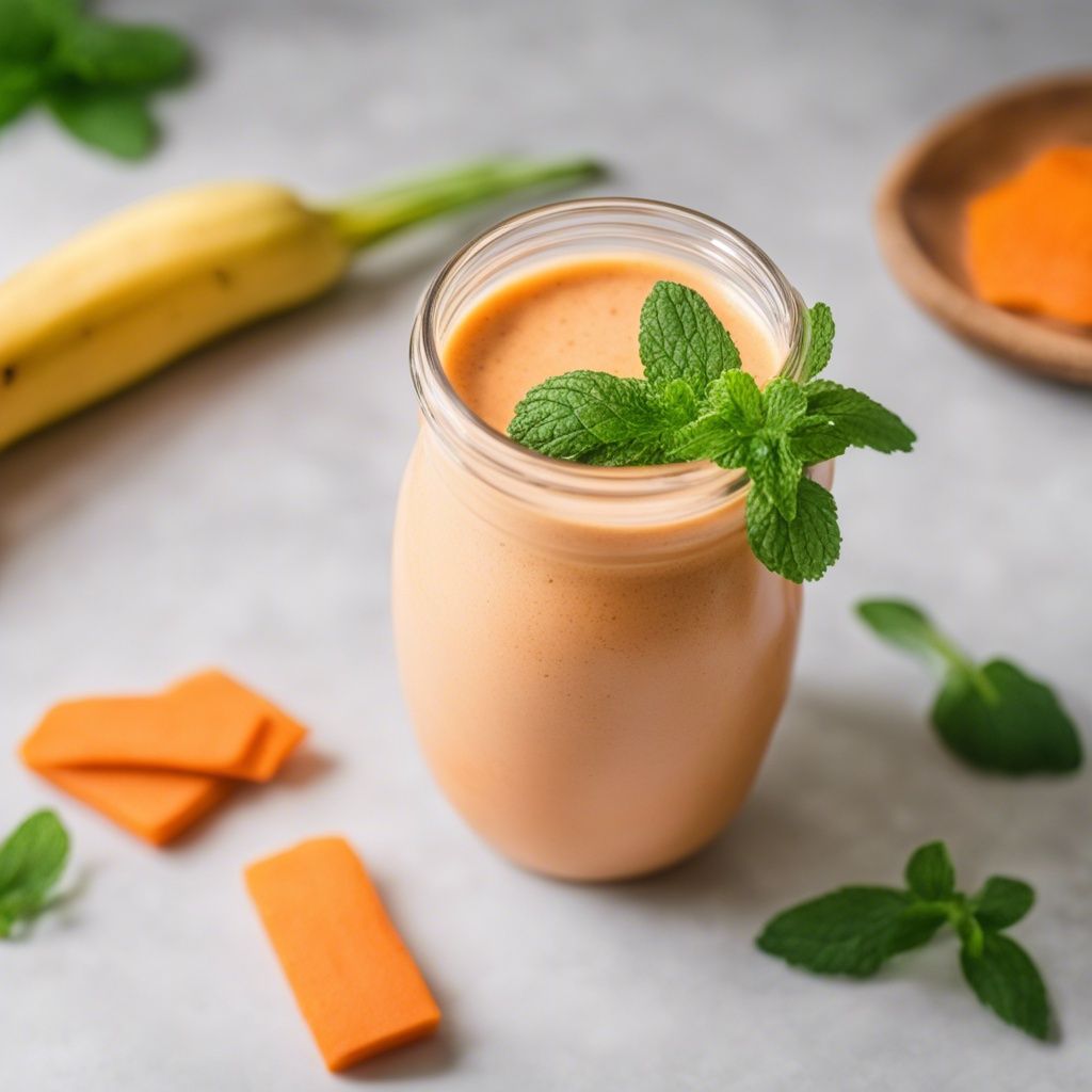 Carrot Banana smoothie in a glass with a biodegradable straw, garnished with fresh mint, with carrots and bananas in the background
