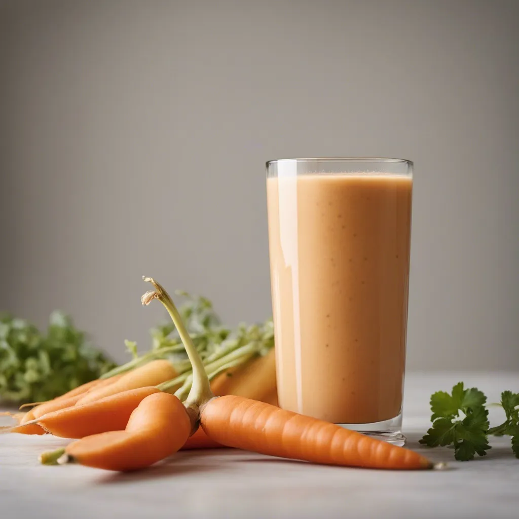 Carrot Banana Smoothie in a tall glass on a simple light backdrop with fresh whole carrots and cilantro leaves