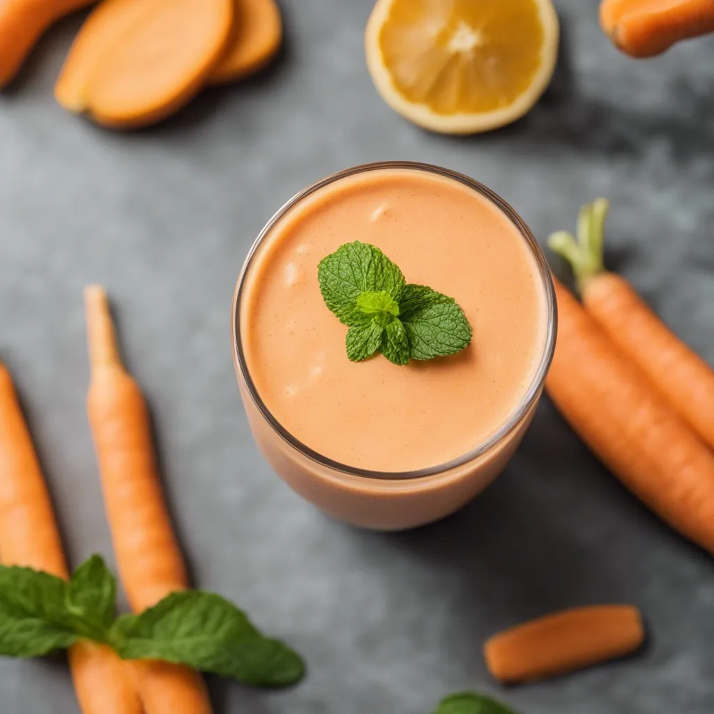 Carrot Banana Smoothie in a glass garnished with a mint leaf, surrounded by whole carrots and a halved lemon