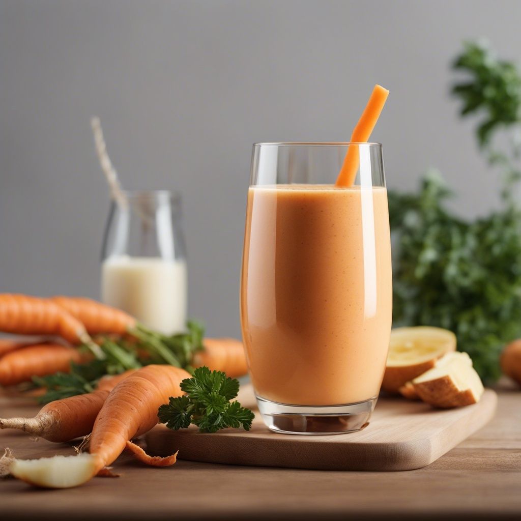 Velvety carrot ginger smoothie served in a clear glass with a carrot stick as a stirrer, on a wooden board surrounded by fresh carrots, ginger, and greens. 