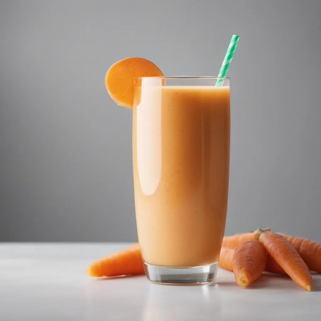 A smooth carrot ginger smoothie in a tall glass, garnished with a slice of orange on the rim and a striped straw, with whole carrots lying beside on a light surface.