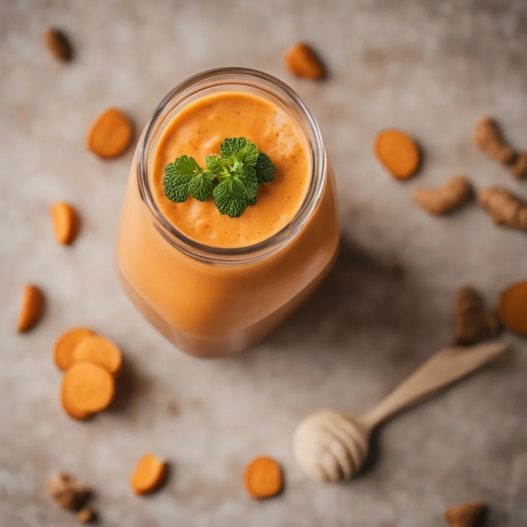 An overhead photo of a carrot ginger smoothie garnished with mint leaves surrounded by carrot and ginger pieces.