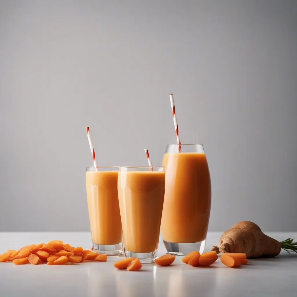 An assortment of carrot ginger smoothies in different glasses, decorated with striped straws, with sliced carrots scattered in the foreground and a piece of ginger to the side.