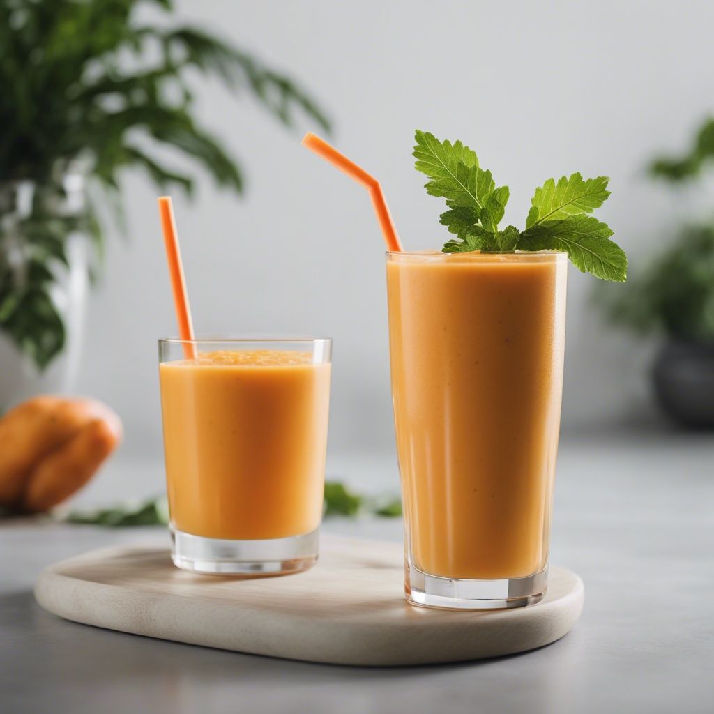 A tall glass and a short glass of Carrot Mango Smoothie, both with orange straws and a sprig of parsley, on a wooden board with a gray background.