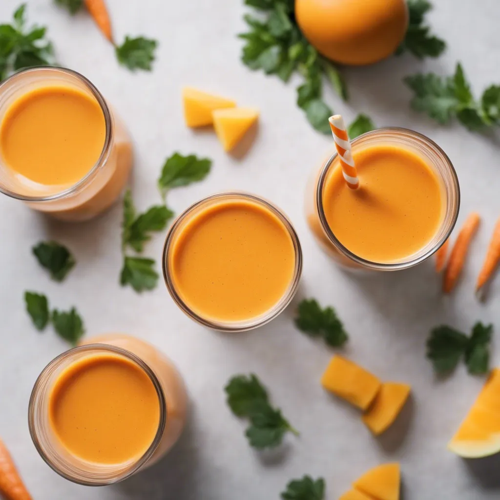 Top view of four glasses of Carrot Mango Smoothie with orange and white striped straws, surrounded by carrot pieces, mango chunks, and parsley leaves on a white surface.