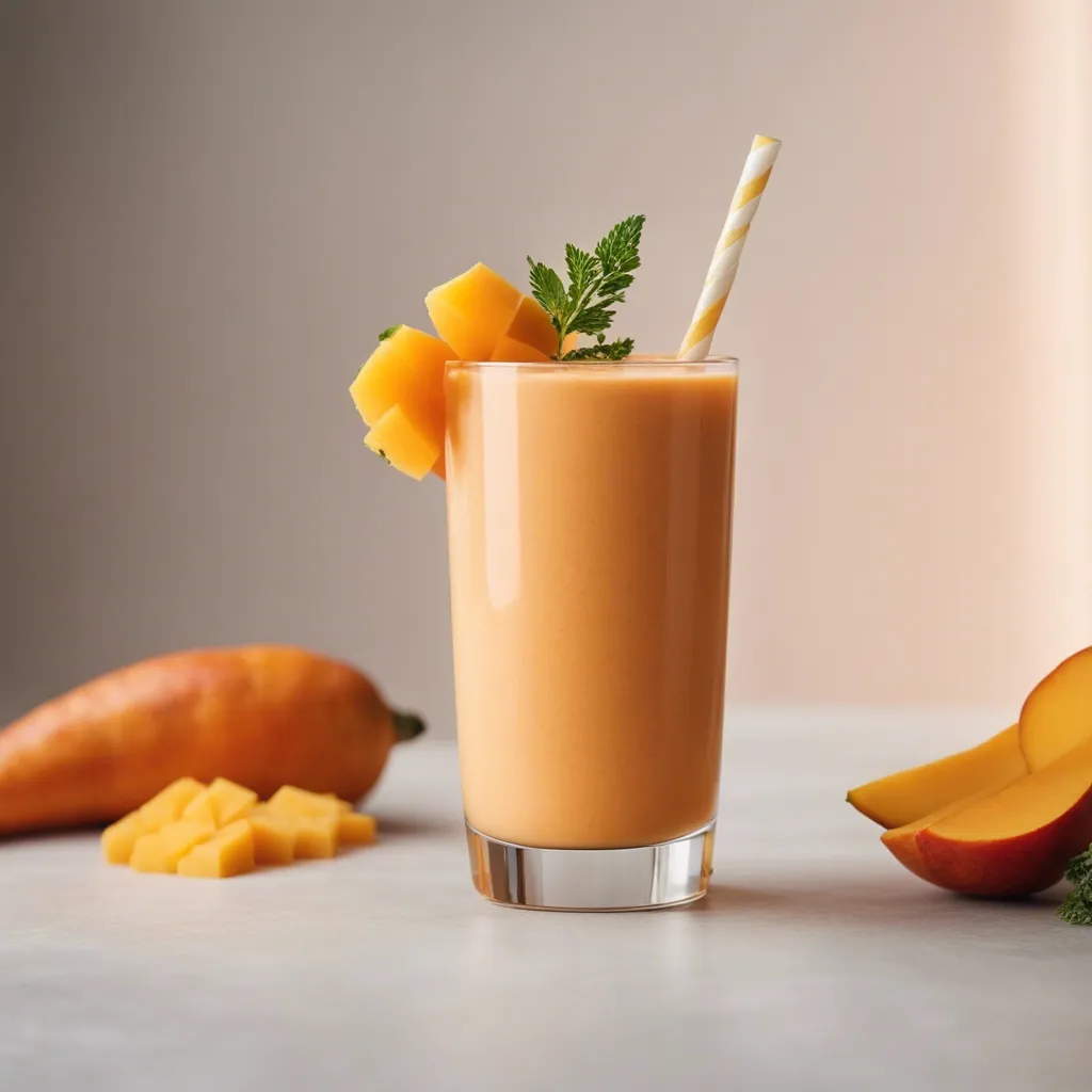 A single glass of Carrot Mango Smoothie with a white and yellow striped straw, garnished with a mango cube skewer and parsley, placed on a gray surface next to cut mango and a sweet potato.