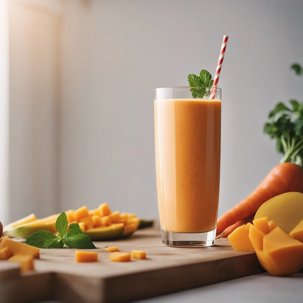 A glass of Carrot Mango Smoothie with a red and white striped straw, garnished with parsley, on a wooden board with sliced mango, carrots, and parsley in the background.