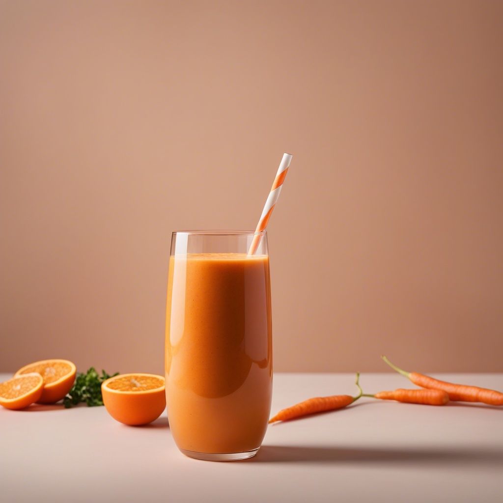 A rich carrot orange smoothie in a tall glass with an orange striped straw, accompanied by slices of carrot and oranges on a neutral background