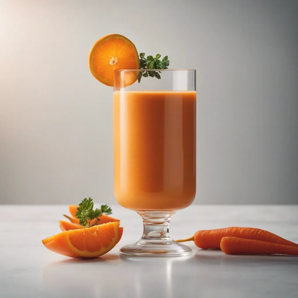 A smooth carrot orange smoothie in a stemmed glass, adorned with an orange slice and parsley, with carrot pieces and oranges on a light background